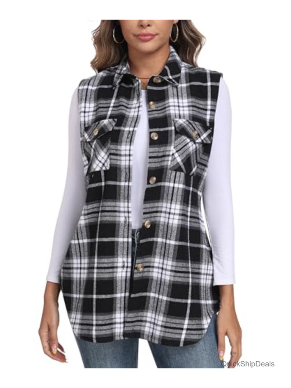 Womens Long Flannel Plaid Vest Sleeveless Shacket Shirt with Pockets